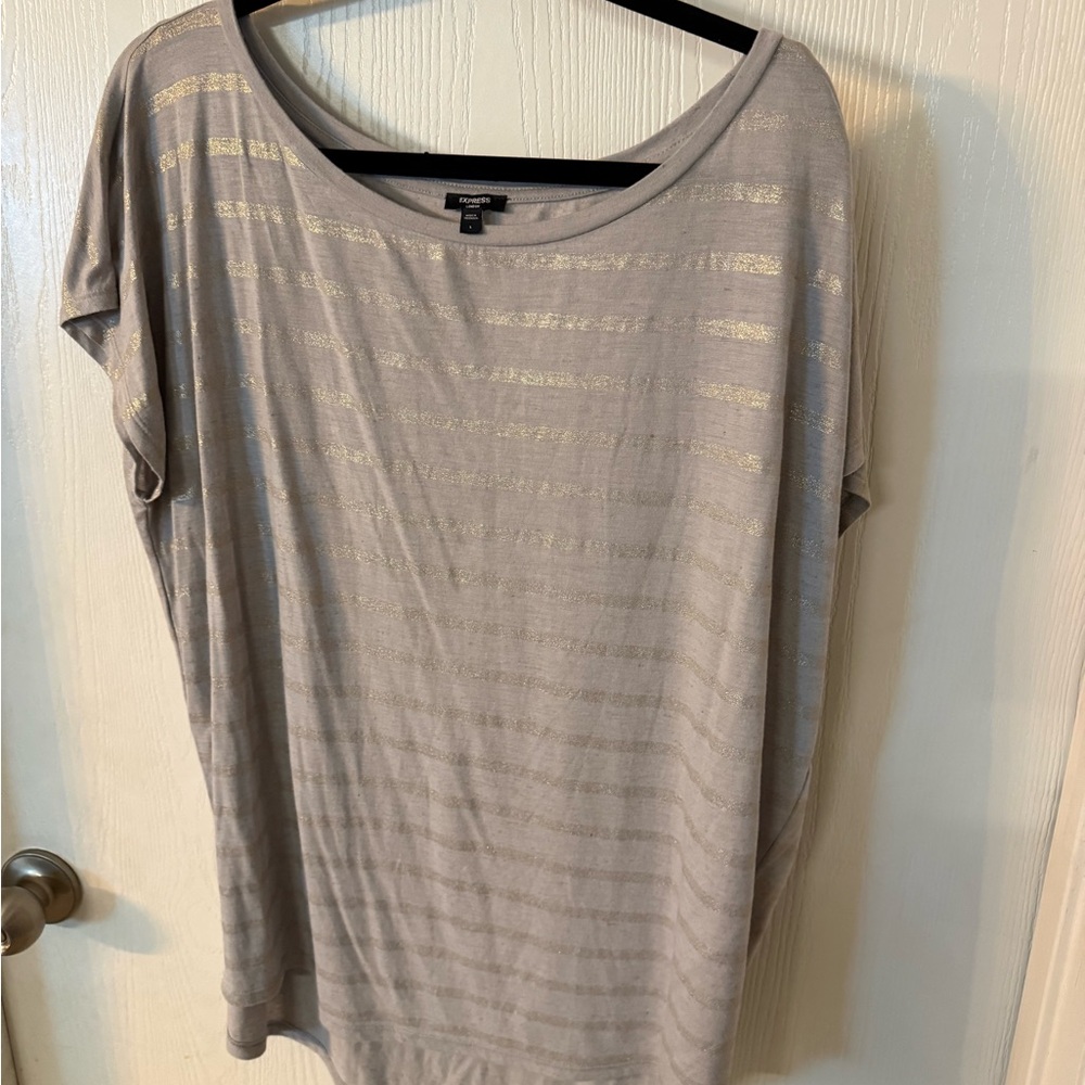 Express Light Gray Short Sleeve Top with Metallic Gold Stripes